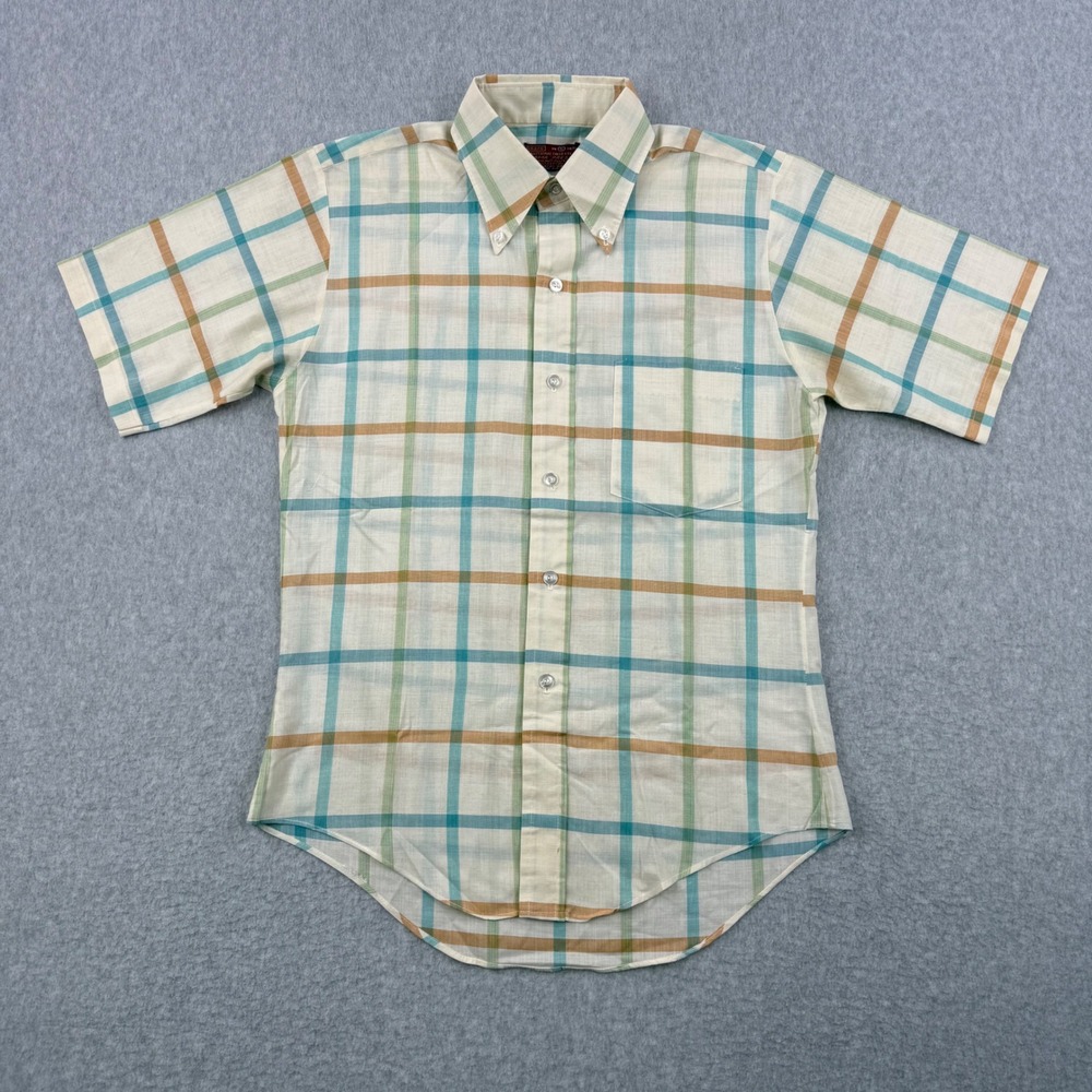 Vintage Sears Shirt Mens Small Ivory Plaid Perma Prest Button Down Short Sleeve